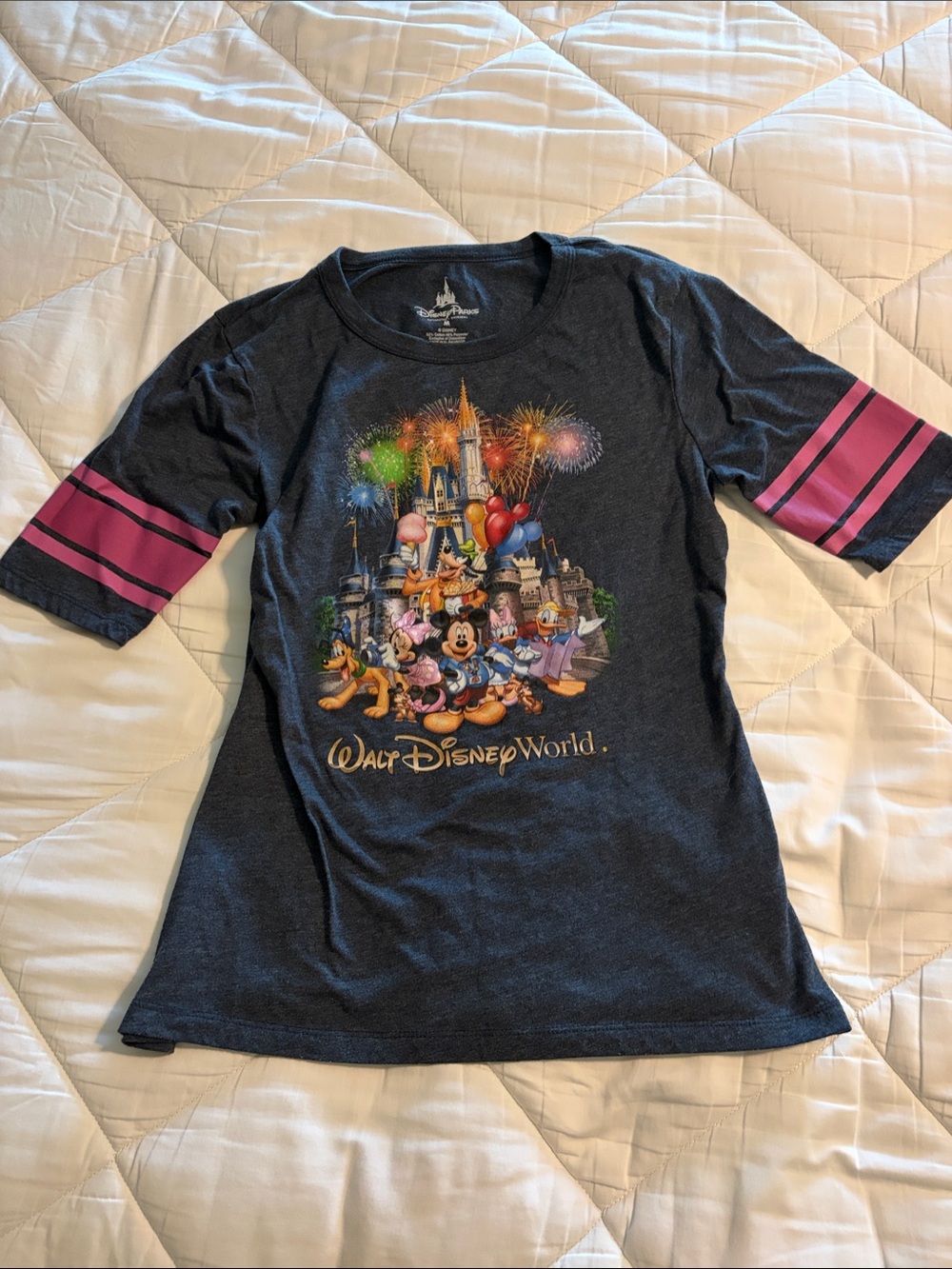 Disney Navy Women’s Short Sleeve Tee with Pink Striped Sleeves